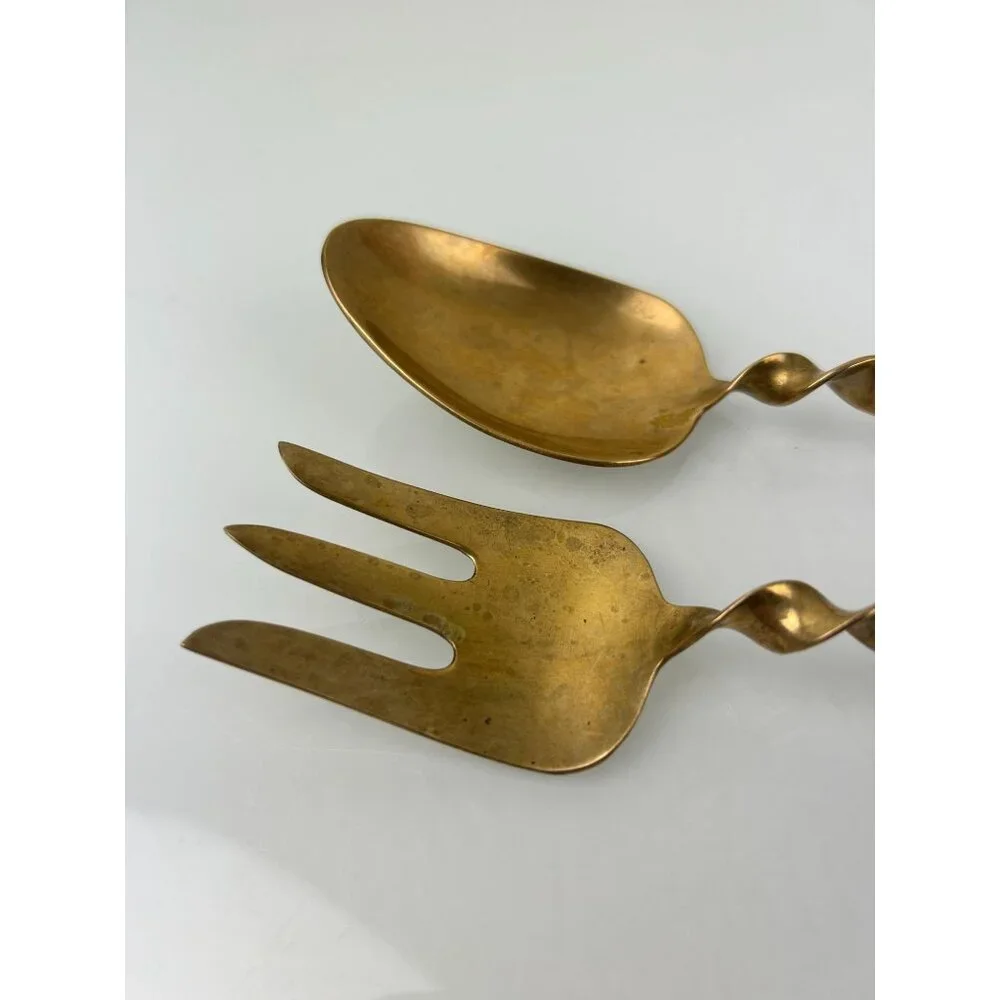 MCM Siam Gold Tone Serving Fork & Spoon Wood Handle Twist Buddha Unique Vintage